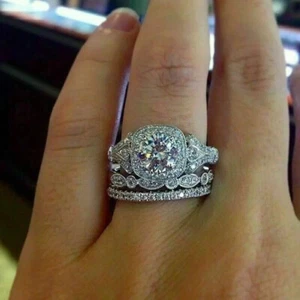 Art Deco Lab-Created Diamond Bridal Trio Wedding 14K White Gold Plated Ring Set - Picture 1 of 7