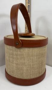 Vintage Kraftware Ice Bucket Brown Tweed Barware Faux Leather Handle Lid MCM - Picture 1 of 9