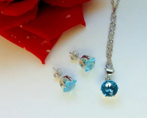 925 Silber Schmuck Set Pünktchen Hellblau Halskette Anhänger Ohrstecker - Bild 1 von 9