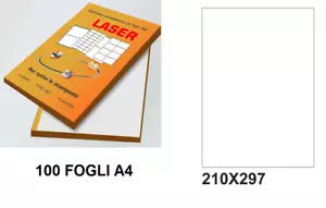 100 FOGLI A4 CARTA ADESIVA 100 ETICHETTE 210X297 mm INKJET LASER - Foto 1 di 1