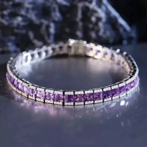 Princess Cut Lab Created Amethyst Women's Tennis Bracelet 14K White Gold Plated - Picture 1 of 4