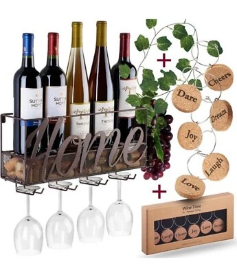 Estante decorativo para vino “HOME” y soporte para vidrio de metal montado en la pared con almacenamiento de corcho Foto 1 de 4