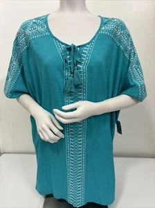 NWT Catherines Women's Blue Scoop Neck Diamond Embroidery Short Sleeve Sz 3X - Picture 1 of 13