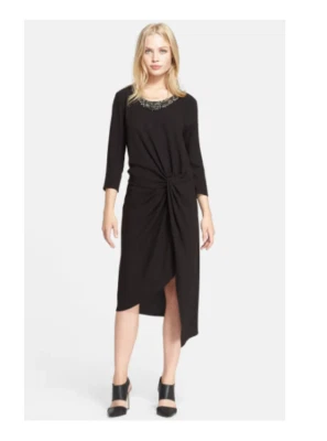 VESTIDO MIDI ALTO HIPPIE ADORNADO CUELLO ANUDADO MATE JERSEY NEGRO S = 2-4 Foto 1 de 4