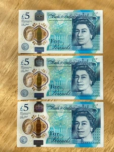 3 Early Issue British 5 Pound Notes #AA10-122807, 122808 & 122809 Uncirculated - Picture 1 of 12