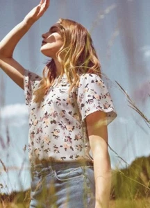 Oasis Light Grey Pink Floral Erin Rose Blouse 12 Gold buttons VGC - Picture 1 of 8