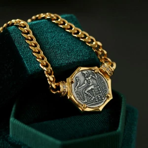 DONNA Collana con monete in argento antico moneta moda argento catena collana - Foto 1 di 19