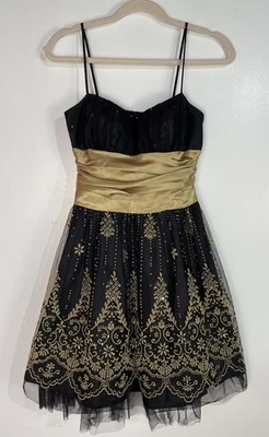 Винтажный Y2K платье 3/4 черное золото цветочный мини кукла Whimsigoth Fairygrunge сетки - Изображение 1 из 4