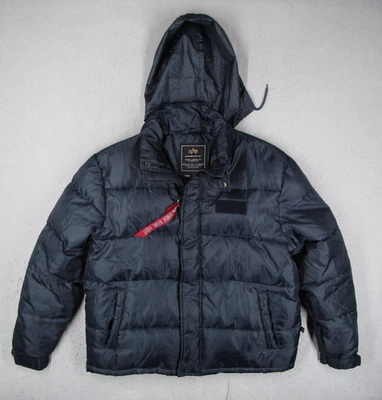 Alpha Industries Jacket Mens Large Blue Hooded Puffer Down Feather Ripstop - Image 1 of 4