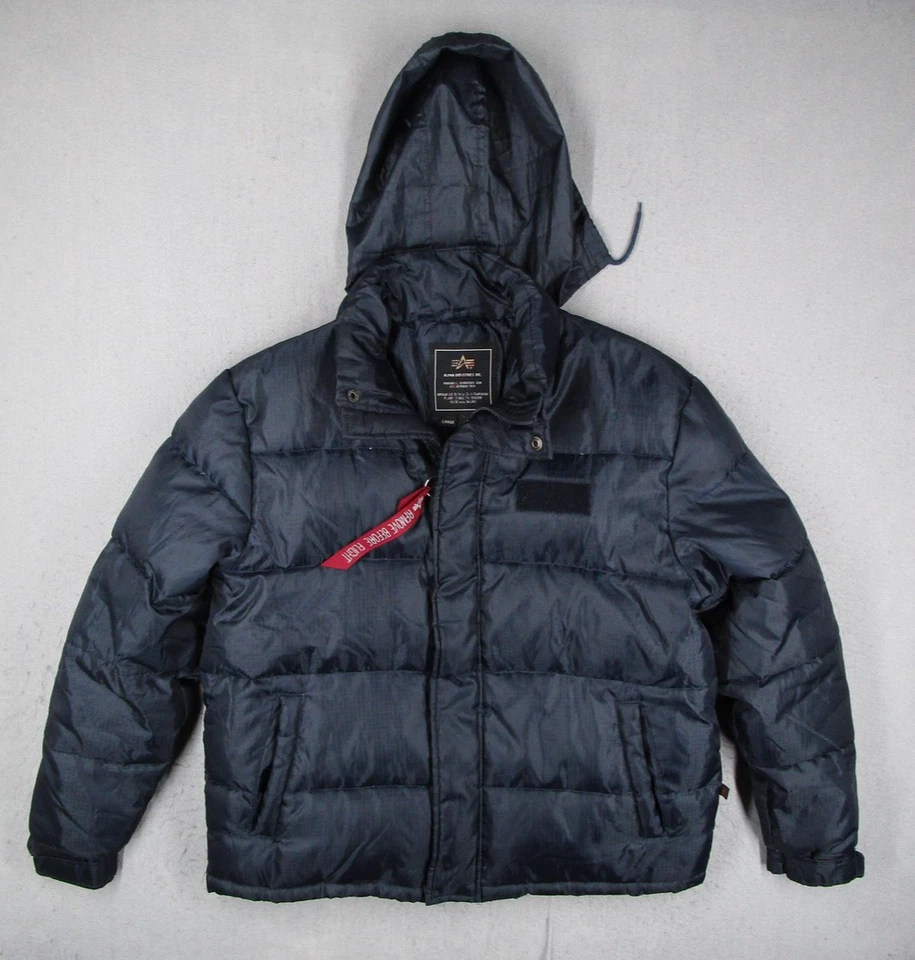Alpha Industries Jacket Mens Large Blue Hooded Puffer Down Feather Ripstop - Image 1 of 4