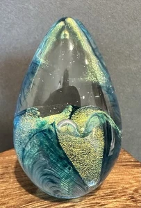 Paperweight Art Glass Vintage Signed GES Blue Gold Speckled 3” - Picture 1 of 5