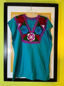 Mexican Embroidered Tunic Top Turquoise Floral Fiesta Art Festival M Short - Picture 1 of 3