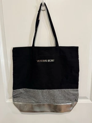 Victorias Secret Tote Bag Cloth Black Silver Glitter NWT $78 Originally - Image 1 of 4
