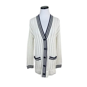 Lou & Grey Open Knit Button Cardigan Pullover White Navy Blau Taschen Size Small - Bild 1 von 5