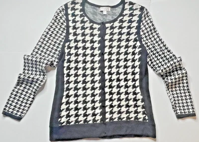 Nordstrom 羊绒千鸟格纽扣开衫毛衣女式 L 黑白 — 第 1/4 张图片