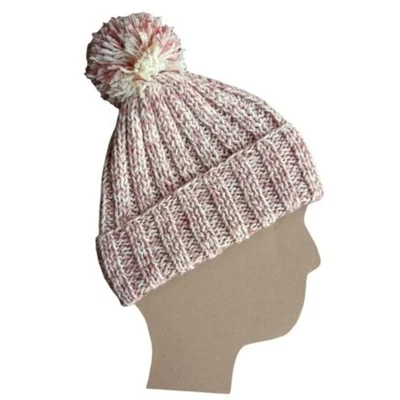 Handmade Knitted Ribbed Beanie With Pompom Soft Pink and White Warm Hat Cap - Image 1 of 4