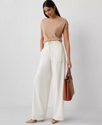 NEW ANN TAYLOR $139 WINTER WHITE BELTED WIDE LEG PANTS SZ 16 - Image 1 of 4