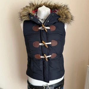 Abercrombie & Fitch Y2K Size UK XS Navy Puffer Gilet Faux Fur Hood 2000s - Picture 1 of 16