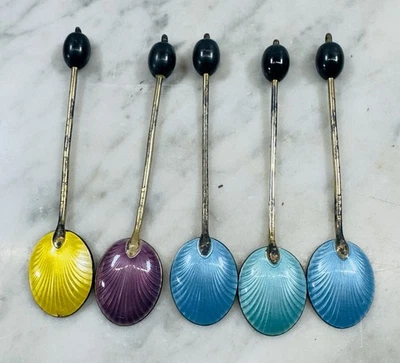Juego de 5 cucharas Demitasse vintage de plata de ley esmalte guilloche Londres 925 Foto 1 de 4