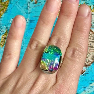 Dichroic Glass Opalescent Silver Plated Adjustable Ring Band Sz 4.5 &Up Handmade - Picture 1 of 6
