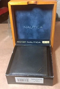 Nautica Trifold Black Full Grain Leather Wallet - Men's Desk Valet Box - 95702 - Picture 1 of 4