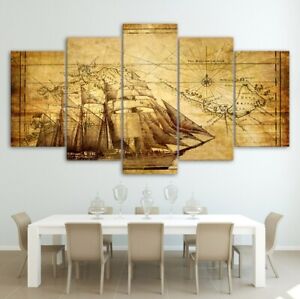 5Pcs Wall Art Canvas Painting Picture Home Decor Modern Abstract Pirate Map