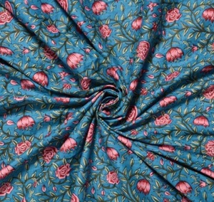 Indian 100% Cotton Fabric Craft Hand Block Running Floral Print Green 5 Meter - Picture 1 of 3