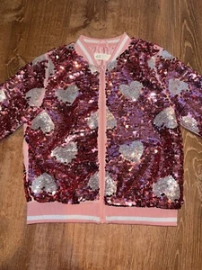 H&M Kids Pink and Silver Sequin Heart Patterned Zip Front Jacket Size 8 US - Picture 1 of 9