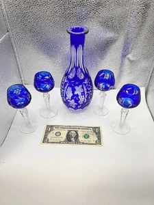 Vasos de cristal cordial Lausitzer Cordial decantador y azul cobalto corte a transparente - Imagen 1 de 9