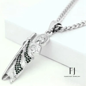 Men 24" Stainless Steel 95mm San judas Green CZ Pendant,Miami Cuban Chain*Box - Picture 1 of 5