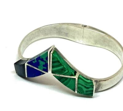 STERLING SILVER 925 BRACELET malachite and lapis onyx cuff mexico - Image 1 of 4