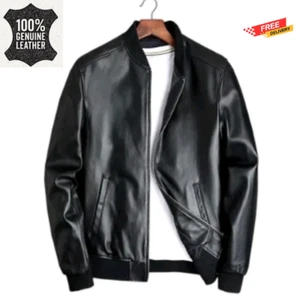 Men's Real Leather Sheepskin Flight Bomber Varsity Style Leather Jacket–Black - Picture 1 of 8