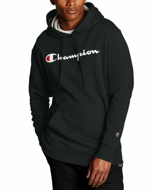 Champion Powerblend Men's Hoodie, Script Logo - Black, XL (GF89H)