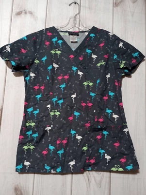 Cherokee Scrub Top Ladies Medium Gray Pink Flamingo - Image 1 of 4