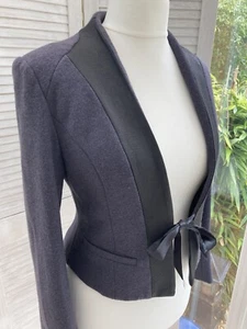 Almost Famous Wool-Mix Grey Dress Jacket W/Black Front Panels & Ribbon Tie UK 10 - Picture 1 of 9