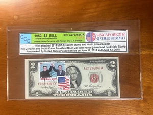 1953 USA $2 Note with attached stamps - USA and Korea - Singapore Summit 2018 - Picture 1 of 9