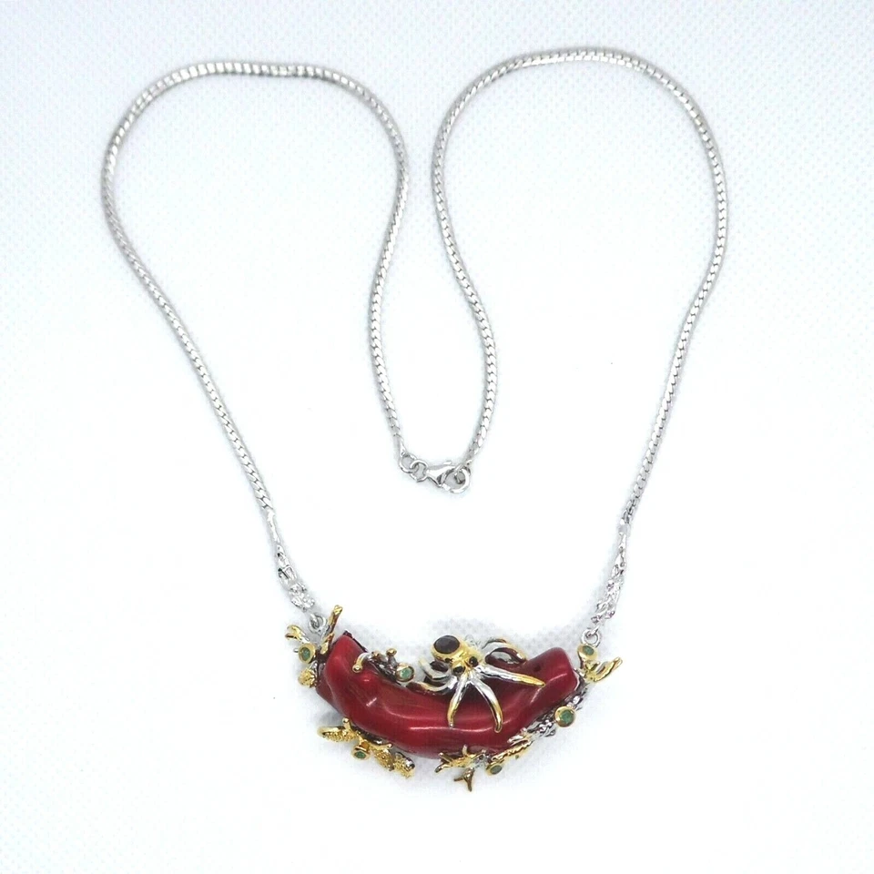 Koralle Saphir Rubin Smaragd Collier 925 Silber 585 Bicolor vergoldet 49 cm - Bild 1 von 4