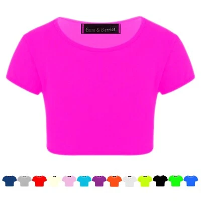 GUM & BERRIES Mädchen Kinder Crop Top Uni Kurzarm T-Shirt Tanz Bauch Shirt 3-14 Jahre