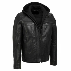 Removable Hood Men's Black Hooded Biker Jacket Real Leather Jacket - Picture 1 of 5