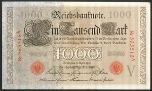 Germany, Reichsbanknote, 1000 mark, 21 April 1910, 6 digit red serial #, AUNC - Picture 1 of 2