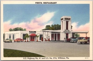 1950s WILLISTON Florida Postcard FIESTA RESTAURANT Highway 41 Roadside LINEN - Picture 1 of 2