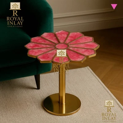 Magnificient Rose Quartz Flower petal Table Top with  Brass intricate work 21" - Image 1 of 4