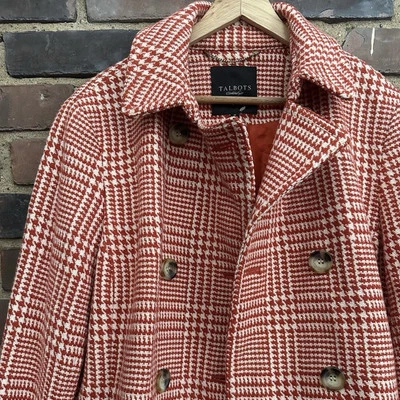 Abrigo Talbots Guisante Naranja Quemado Mezcla Lana Pata de Gallo Doble Pecho Talla 16 Foto 1 de 3