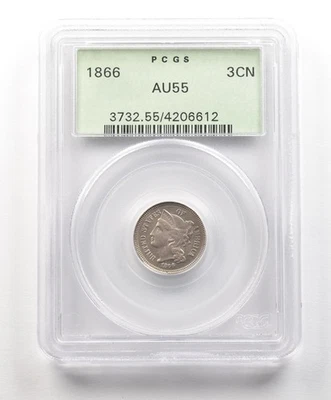 1866 Three Cent Nickel AU55 PCGS OGH *4886 - Image 1 of 3