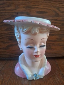 Vcagco Ceramic Lady Head Vase Blonde Hair Pink & White Hat Dress *Please Read* - Picture 1 of 19