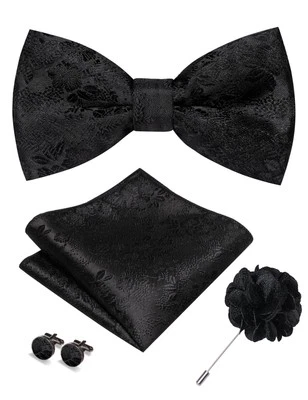 Juegos de alfileres de solapa de gemelos cuadrados de bolsillo y pajarita negra preatada floral para... Foto 1 de 4