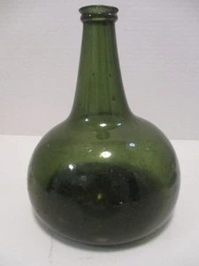 Antique Dutch Black Green Glass Onion Bottle Open Pontil Double Applied Lip Ring - Picture 1 of 24