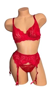 3PC VICTORIA’S SECRET Red Lace Sheer Nylon Bra Garter Belt & String Bikini 34D - Picture 1 of 14