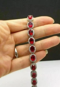 Tennis Bracelet 25Ct Created Oval Cut Red Ruby Diamond 14K White Gold Finish 7.5 - Picture 1 of 5