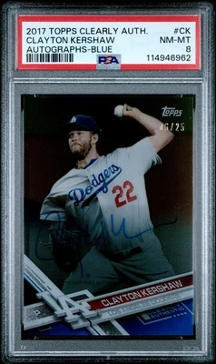 2017 Topps Clearly Authentic Autographs Clayton Kershaw #CK Blue 06/25 PSA 8 - Image 1 of 2